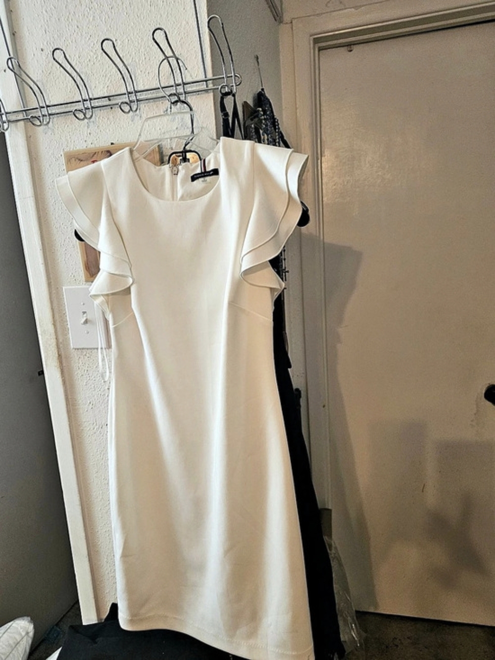 Tommy Hilfiger Scuba Crepe Sheath DressWith Double Ruffle Flutter Sleeves Mini